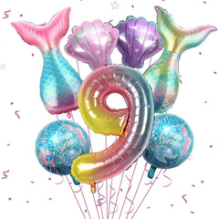 Sowide gold round mermaid balloon 18in enhances cake table visuals.