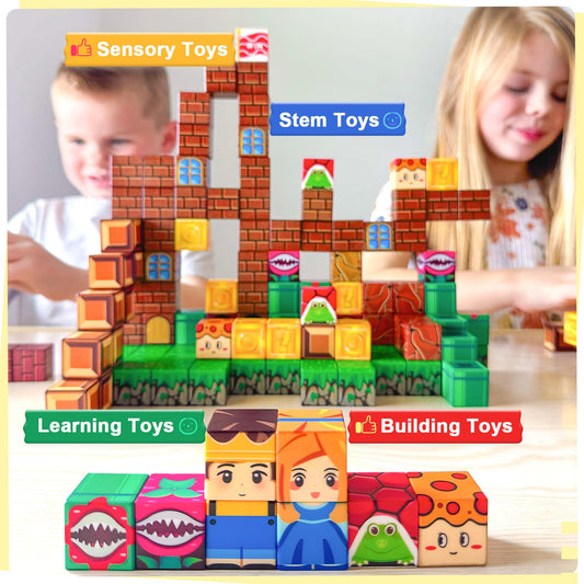 Soyee 108pcs magnetic blocks build castle scene enhances fine motor skills and teamwork.