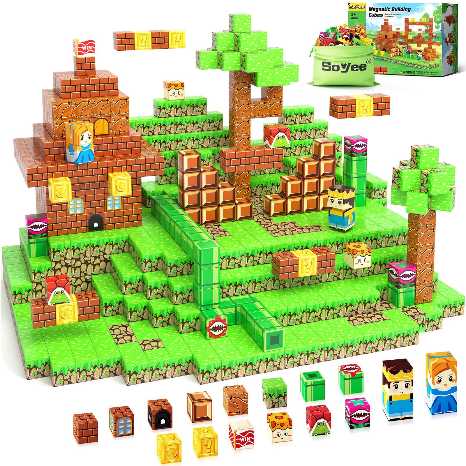 Soyee 108pcs magnetic blocks construction scene encourages creative building and spatial learning.