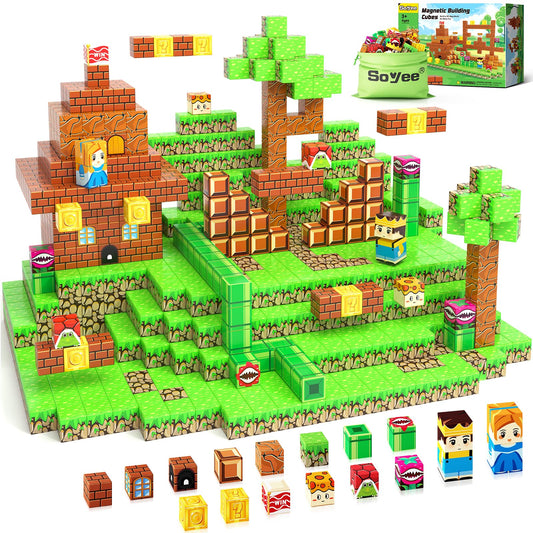 Soyee 108pcs magnetic blocks construction scene encourages creative building and spatial learning.