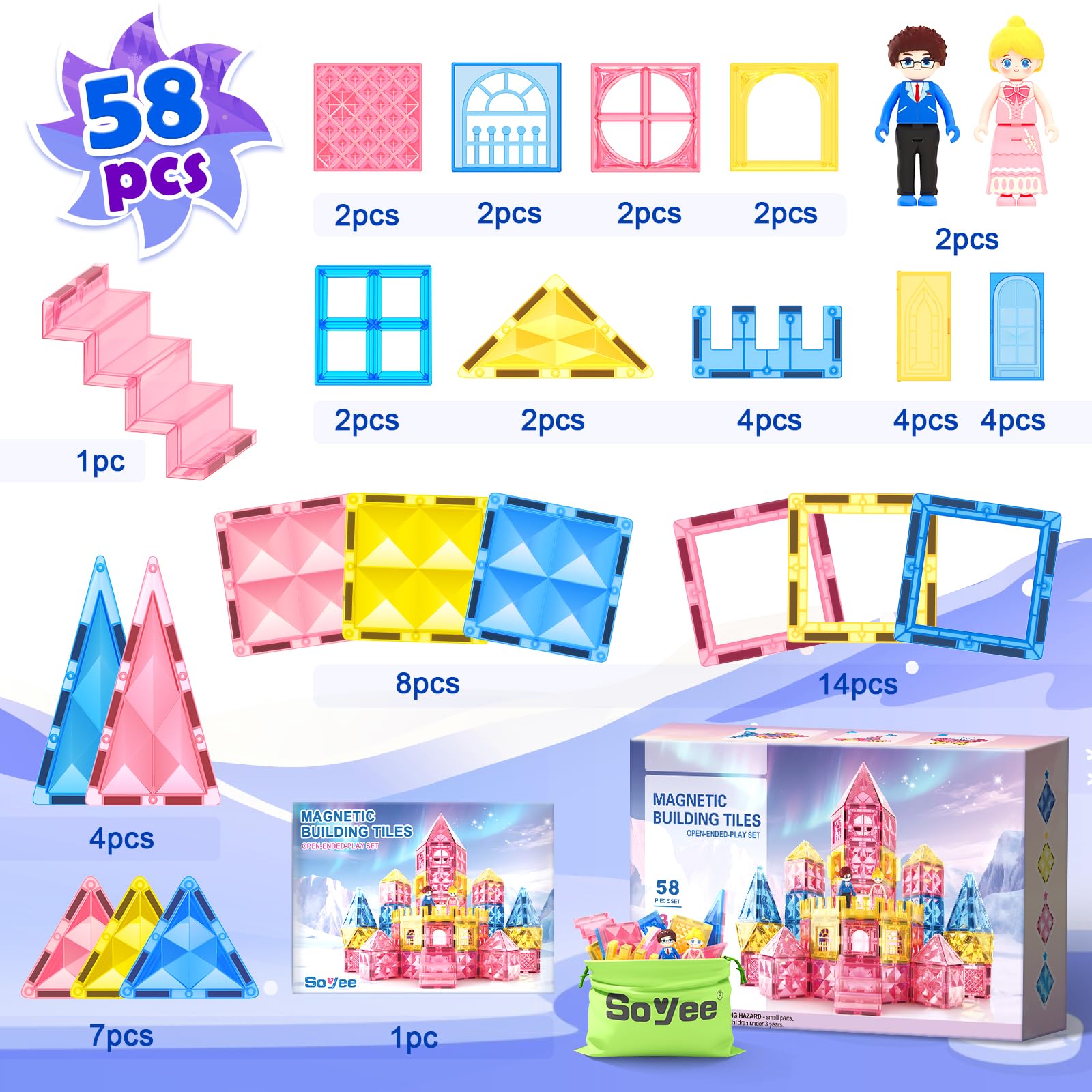 Soyee Diamond Magnetic Tiles family-building scene fosters cooperative creativity.