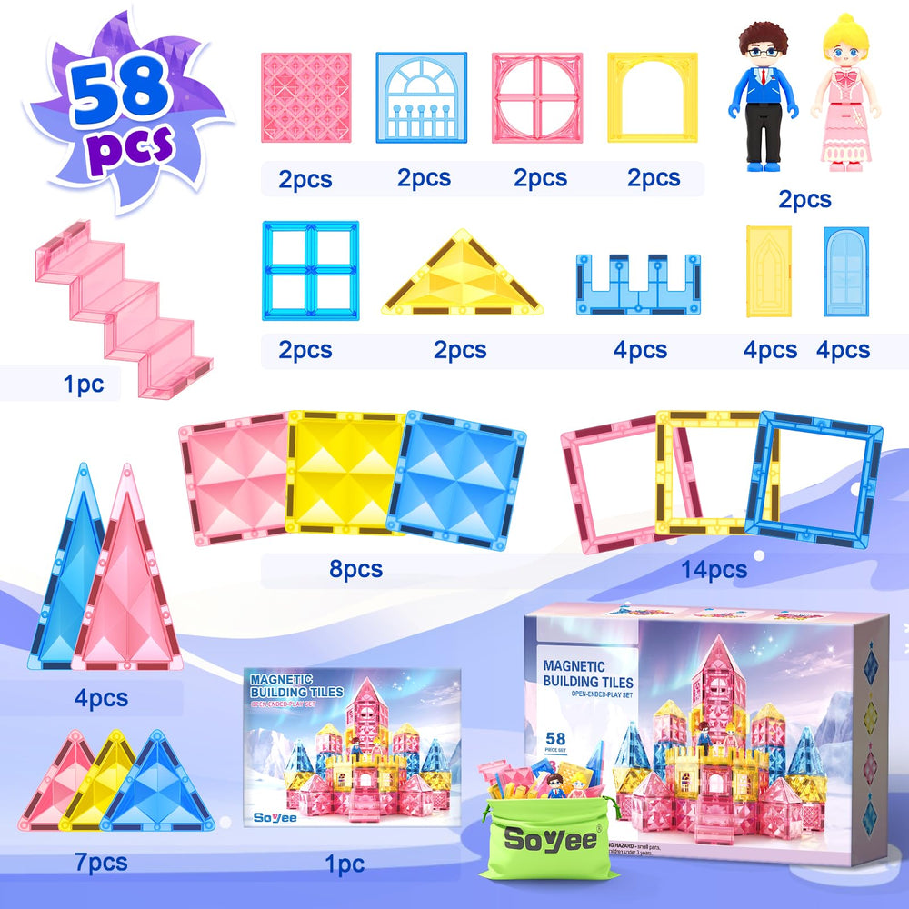 Soyee Diamond Magnetic Tiles family-building scene fosters cooperative creativity.