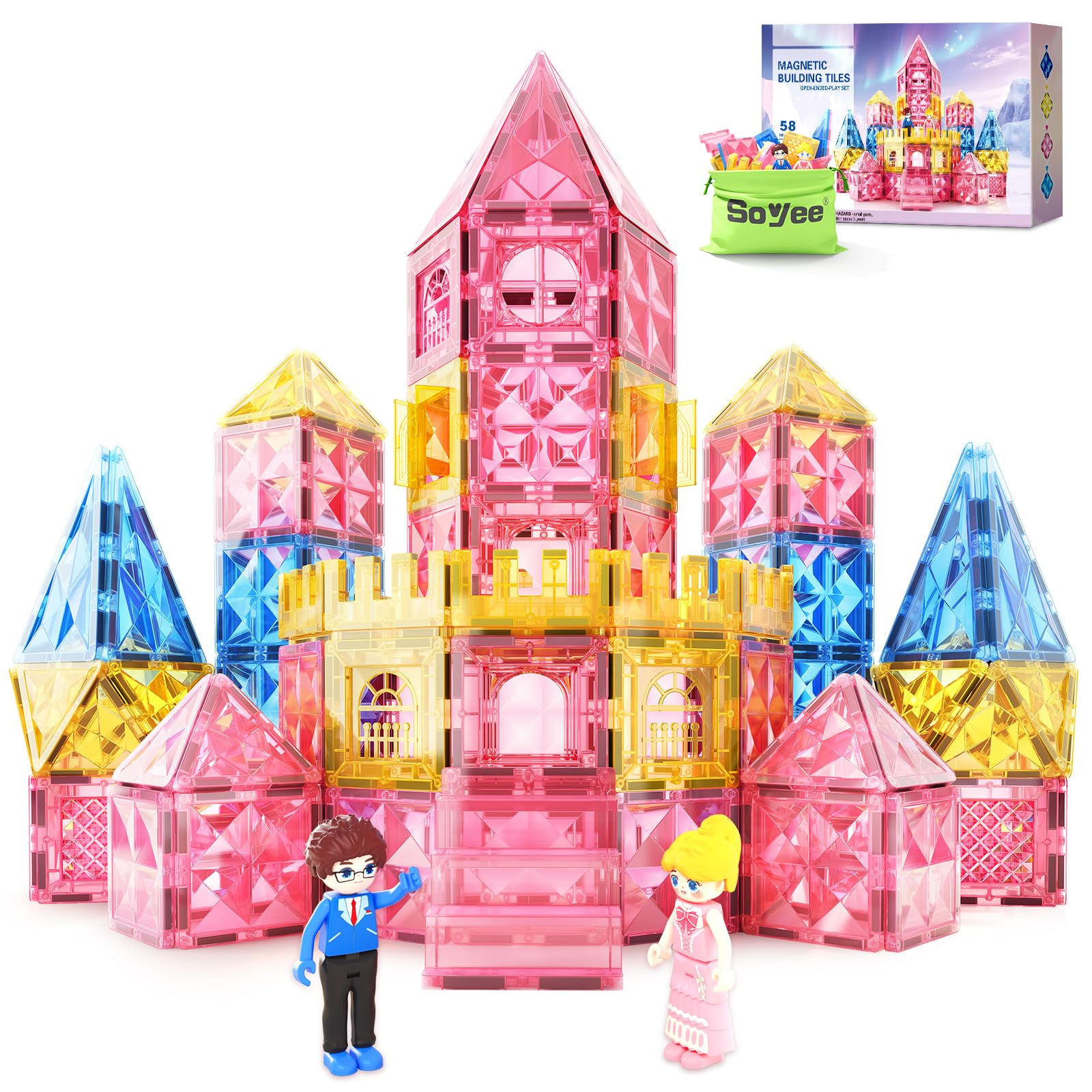 Soyee Diamond Magnetic Tiles showcase a princess castle for imaginative play and early spatial skills.