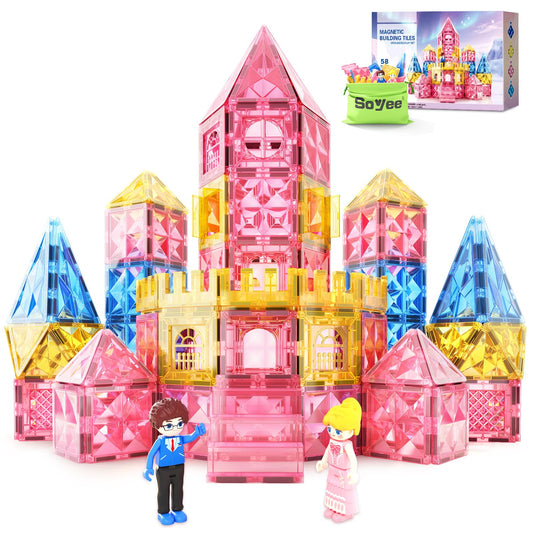 Soyee Diamond Magnetic Tiles showcase a princess castle for imaginative play and early spatial skills.