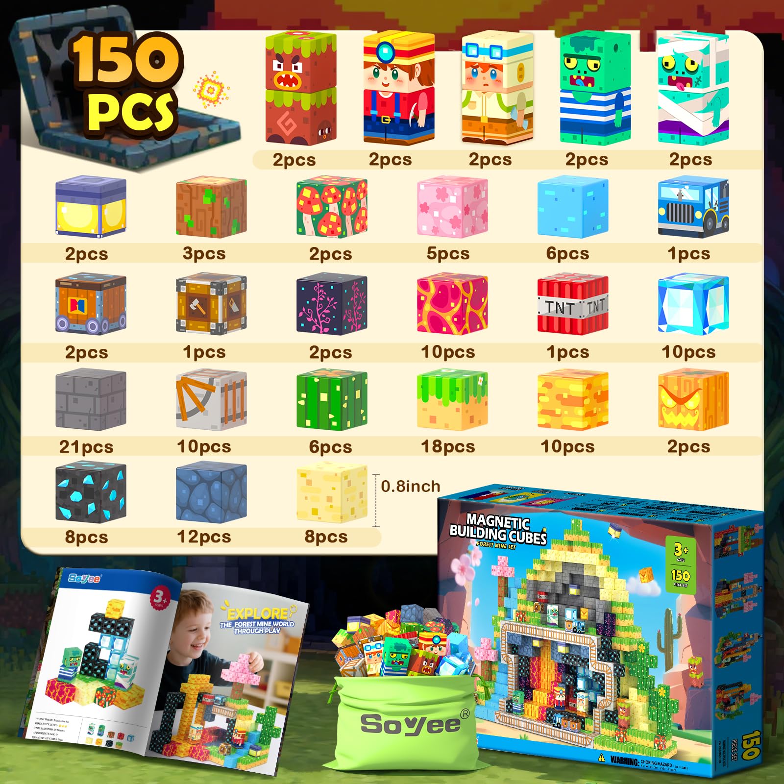 Soyee Magnetic Blocks sakura trees cabin show forest scene recreation and cooperative play.