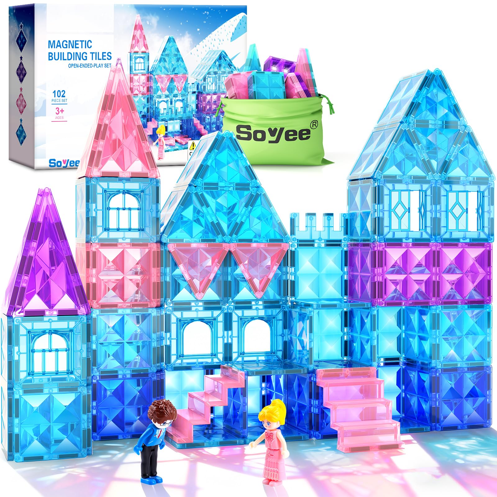 Soyee magnetic tiles 102pcs castle set with dolls and stairs boosts imaginative play.
