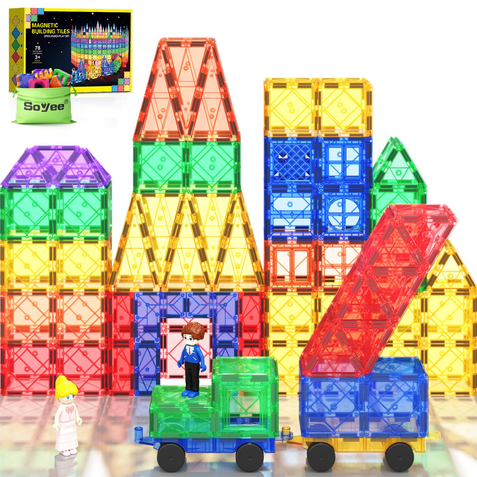 Soyee magnetic tiles car chassis for easy vehicle building and creative play.
