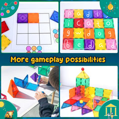 Soyee Magnetic Tiles support color and shape recognition during activities.