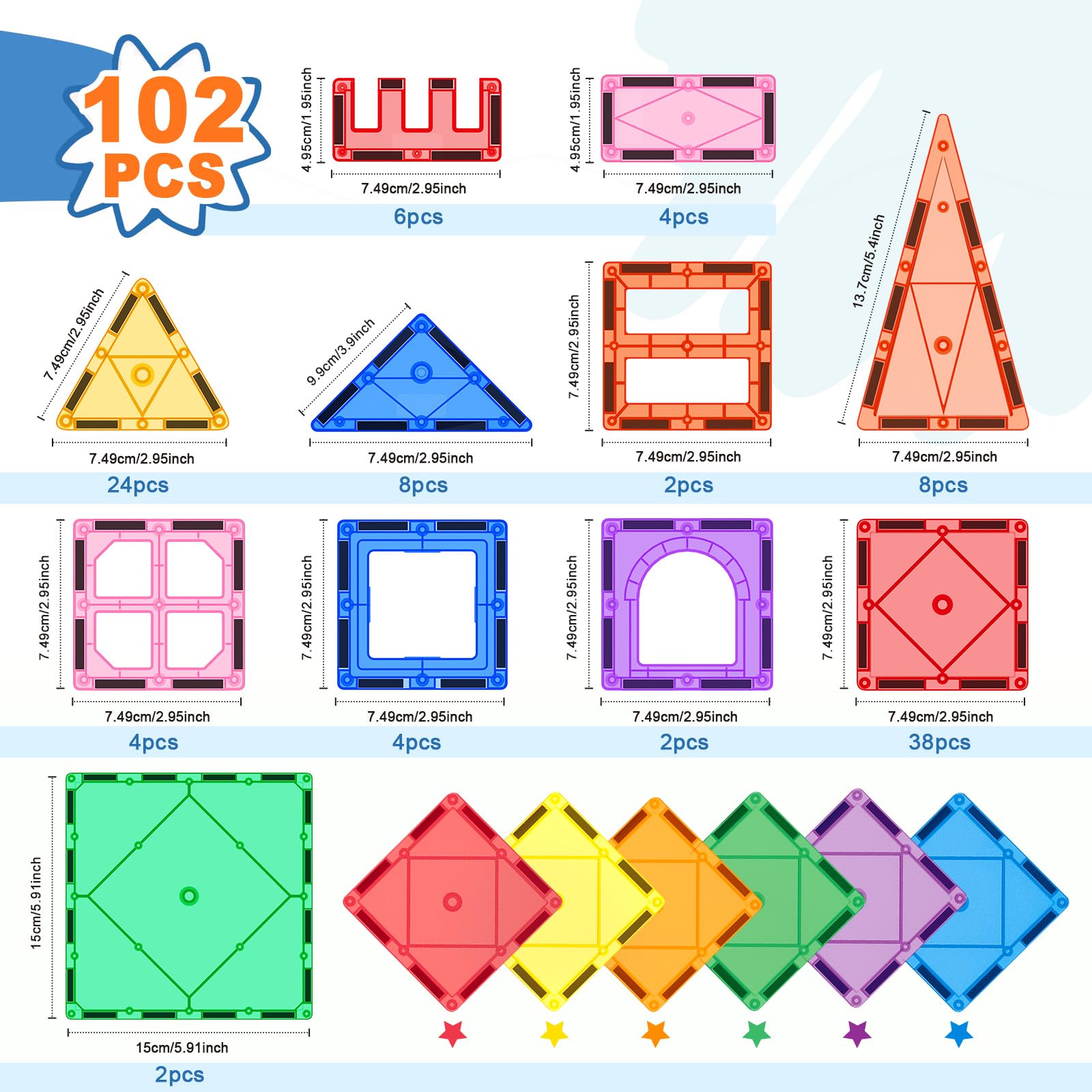 Soyee magnetic tiles with colorful translucent pieces spark visual learning and creativity.