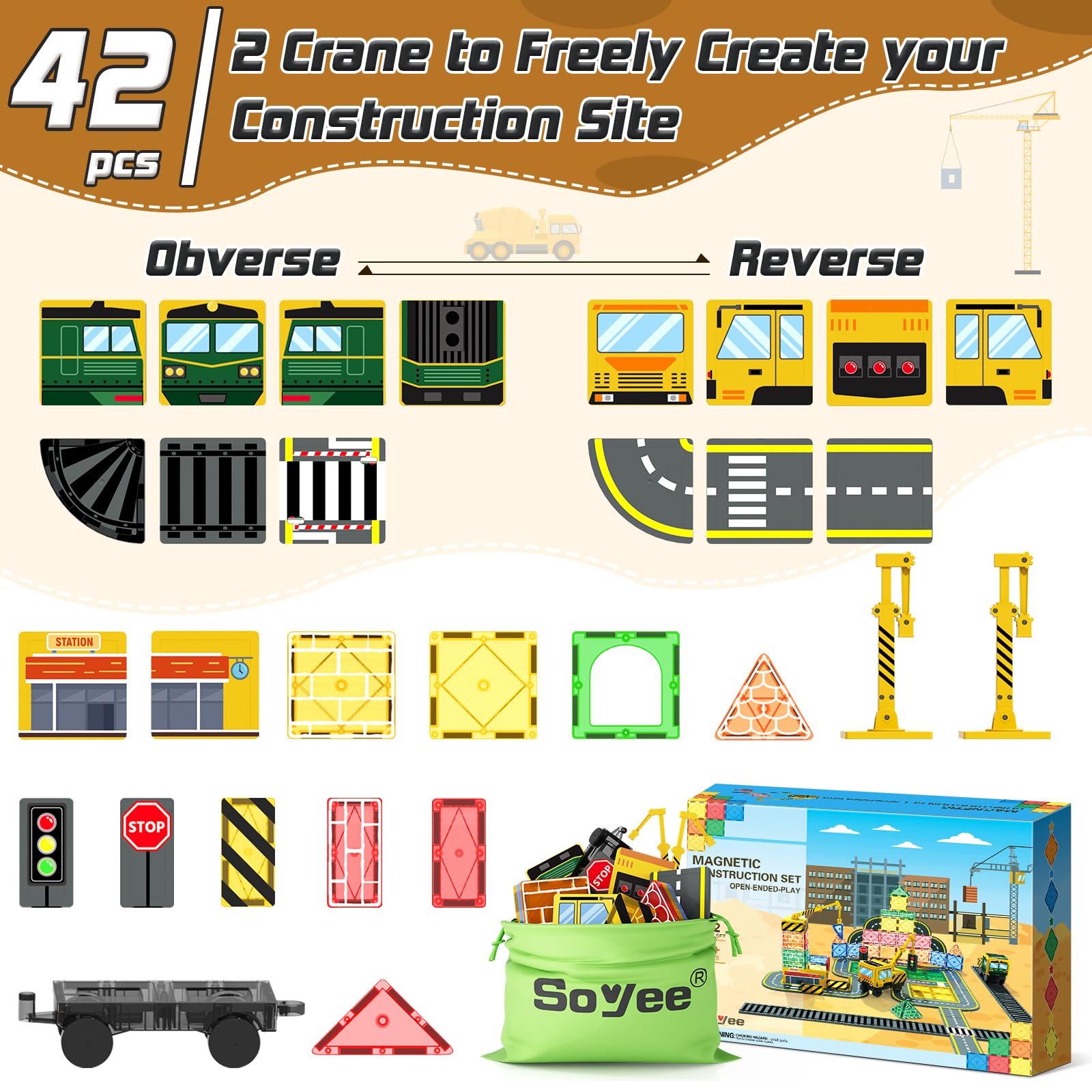 Soyee magnetic tiles rotate and telescope crane demonstrates mechanism play.