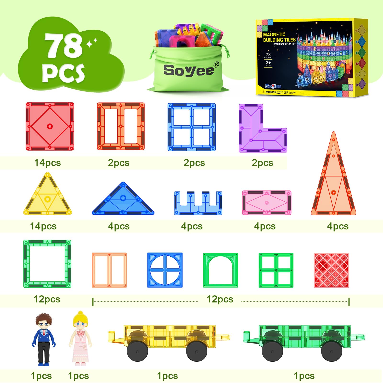 Soyee magnetic tiles STEM play for hands-on learning and spatial awareness.