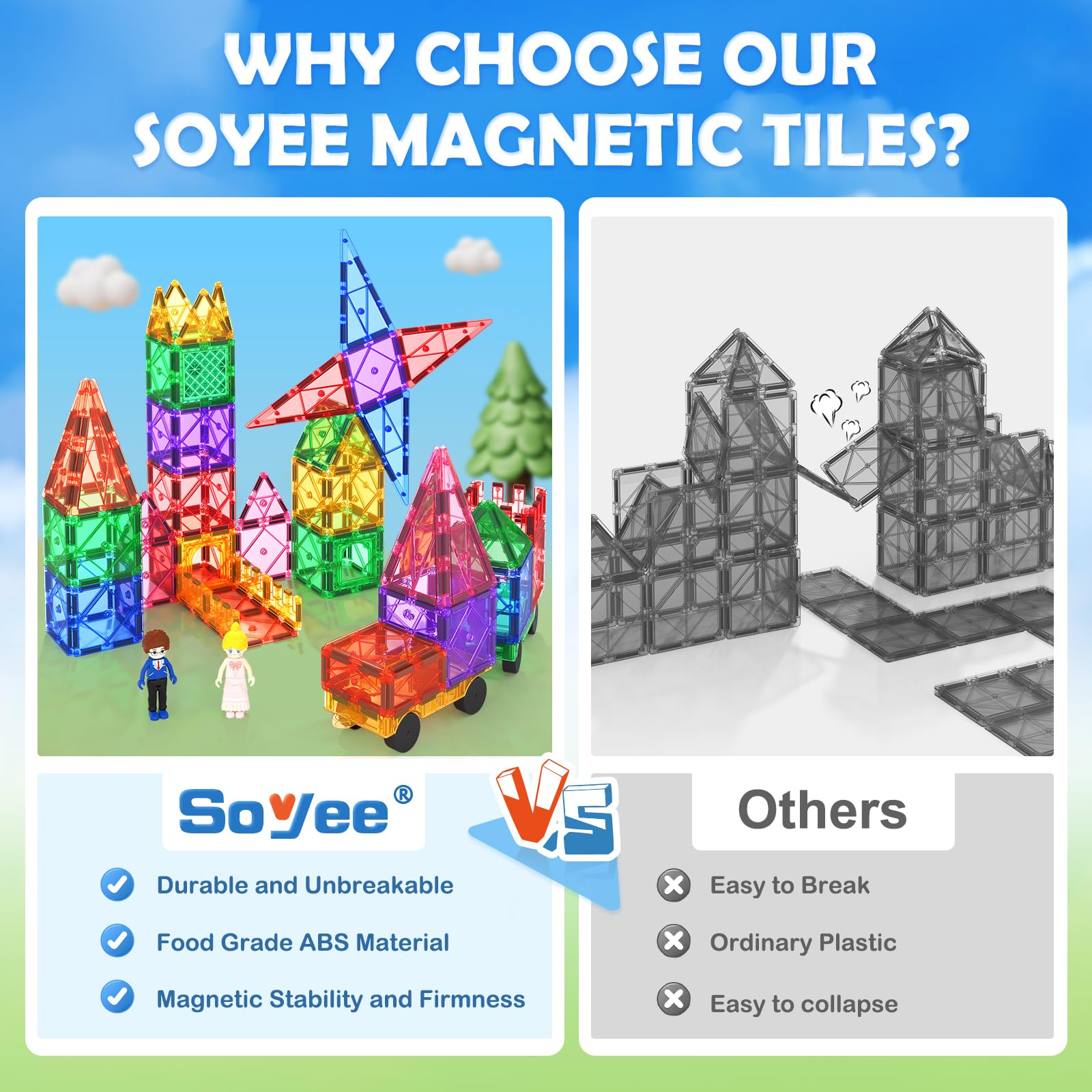Soyee magnetic tiles train expansion for imaginative layouts and motor skills.