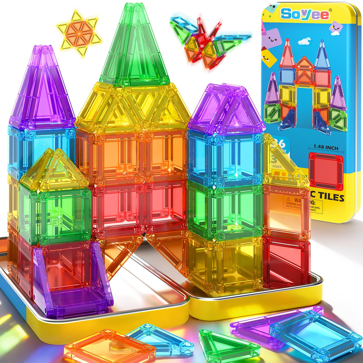 Soyee Mini Magnetic Tiles travel tin showing portable learning on the go