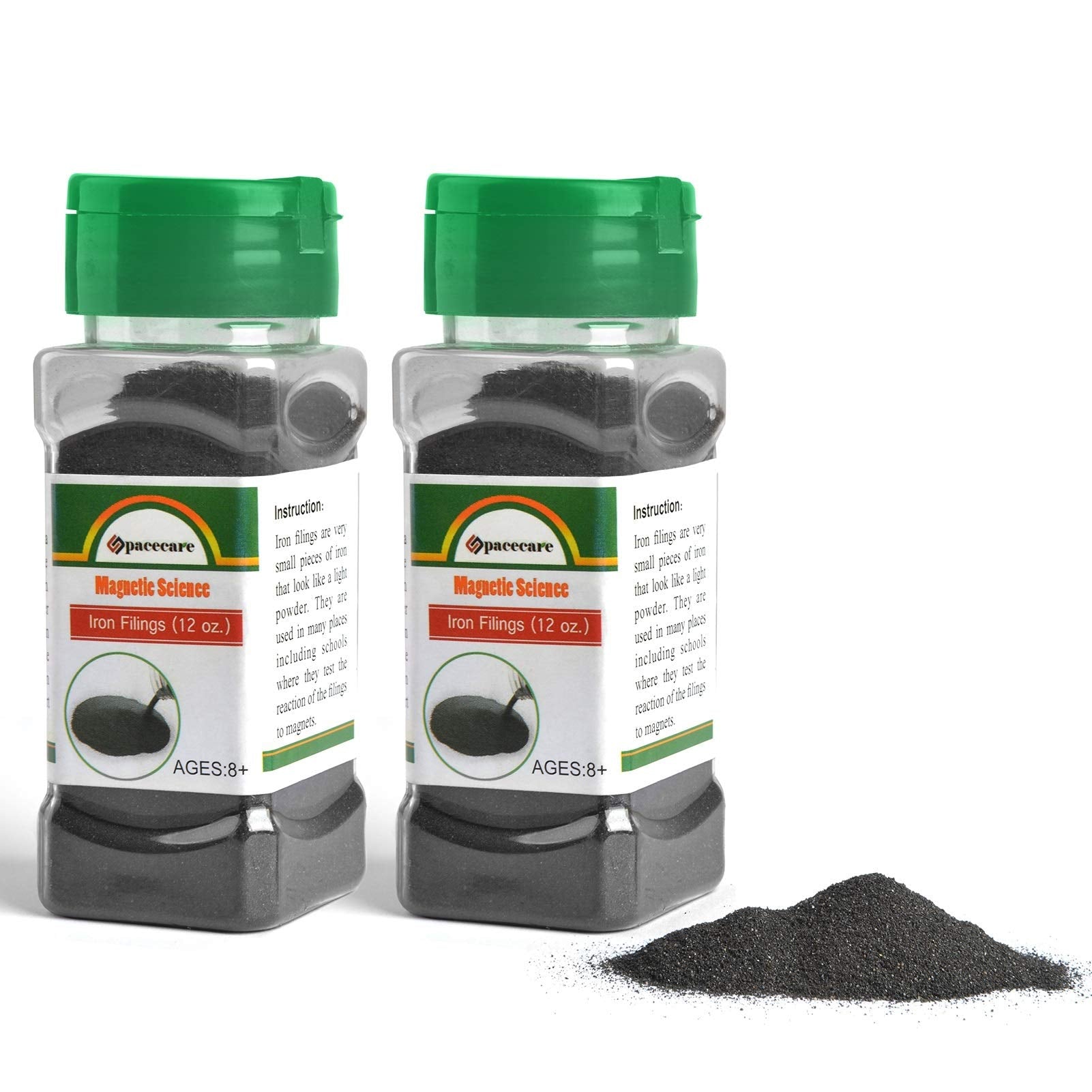 SPACECARE iron filings jar with shaker lids for quick, mess-free magnet experiments.