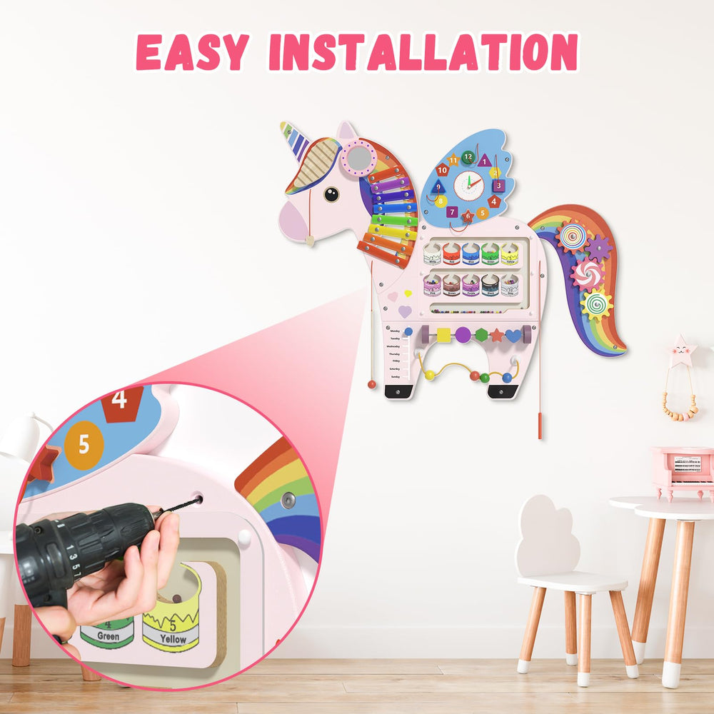 Spacocld Unicorn clock-learning panel helps early time concepts.