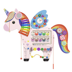 Spacocld Unicorn activity wall panel with gears for tactile play and fine motor skills.