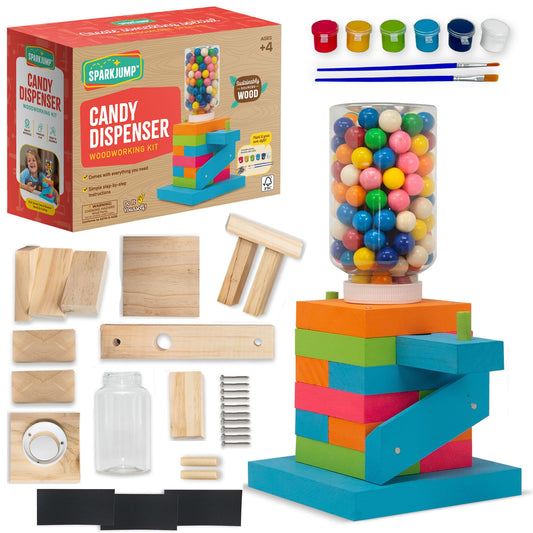 SparkJump Candy Dispenser assembly close-up showing kid-friendly woodworking kit for STEM learning.