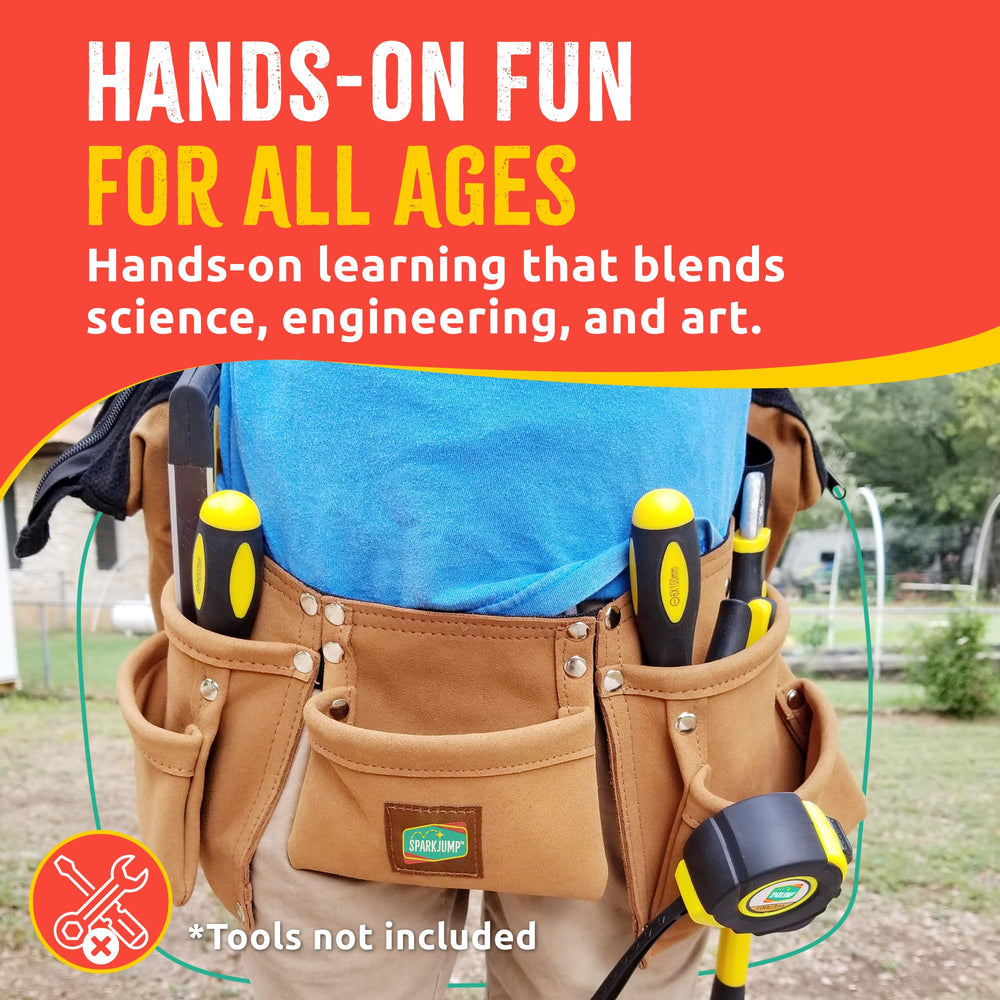 SparkJump dress-up construction play emphasizes imaginative engineering and role-play.