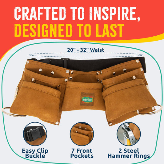 SparkJump brown leather tool belt for toddlers with durable construction for pretend projects.