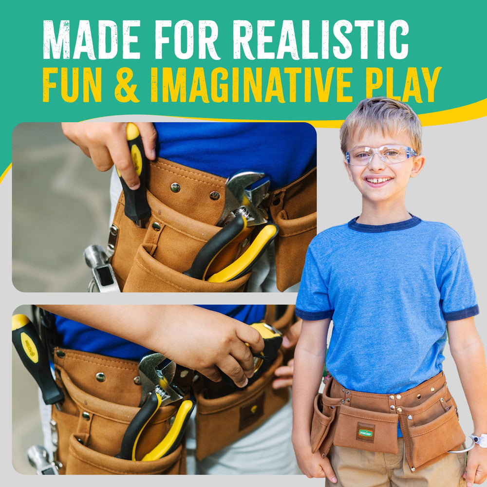 SparkJump belt features pockets to hold pretend tools during playtime.