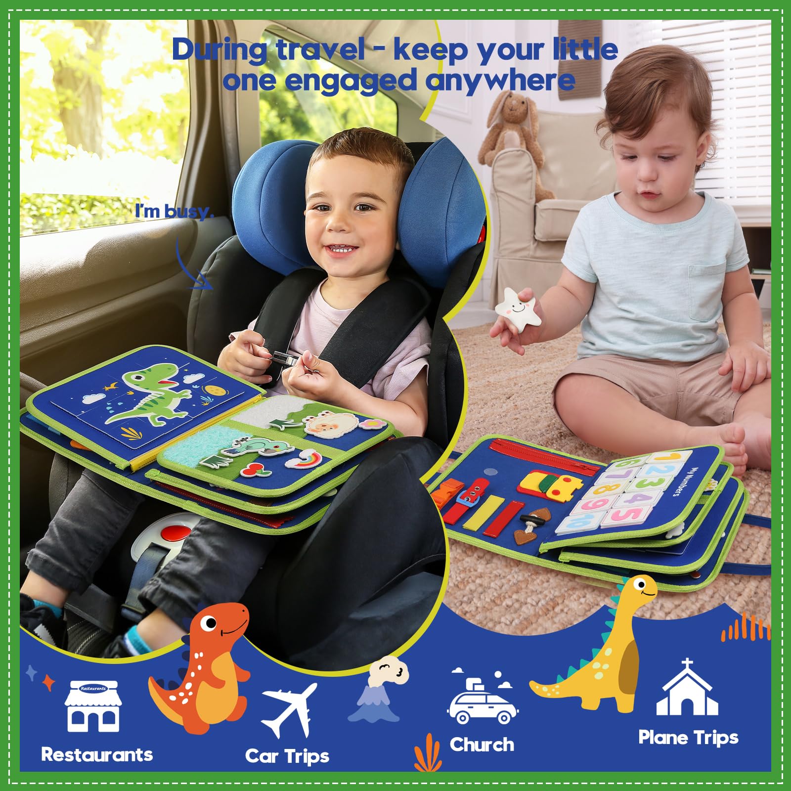 SparkleMe Busy Board buttoning and buckling section supports fine motor skills.