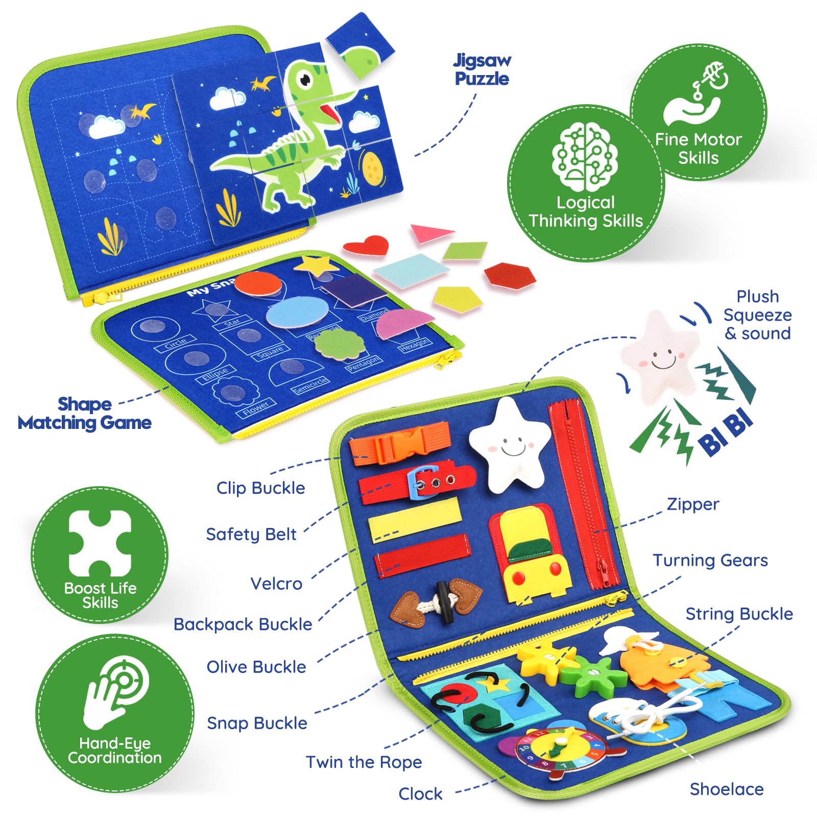 SparkleMe Busy Board textures and puzzles offer tactile exploration.