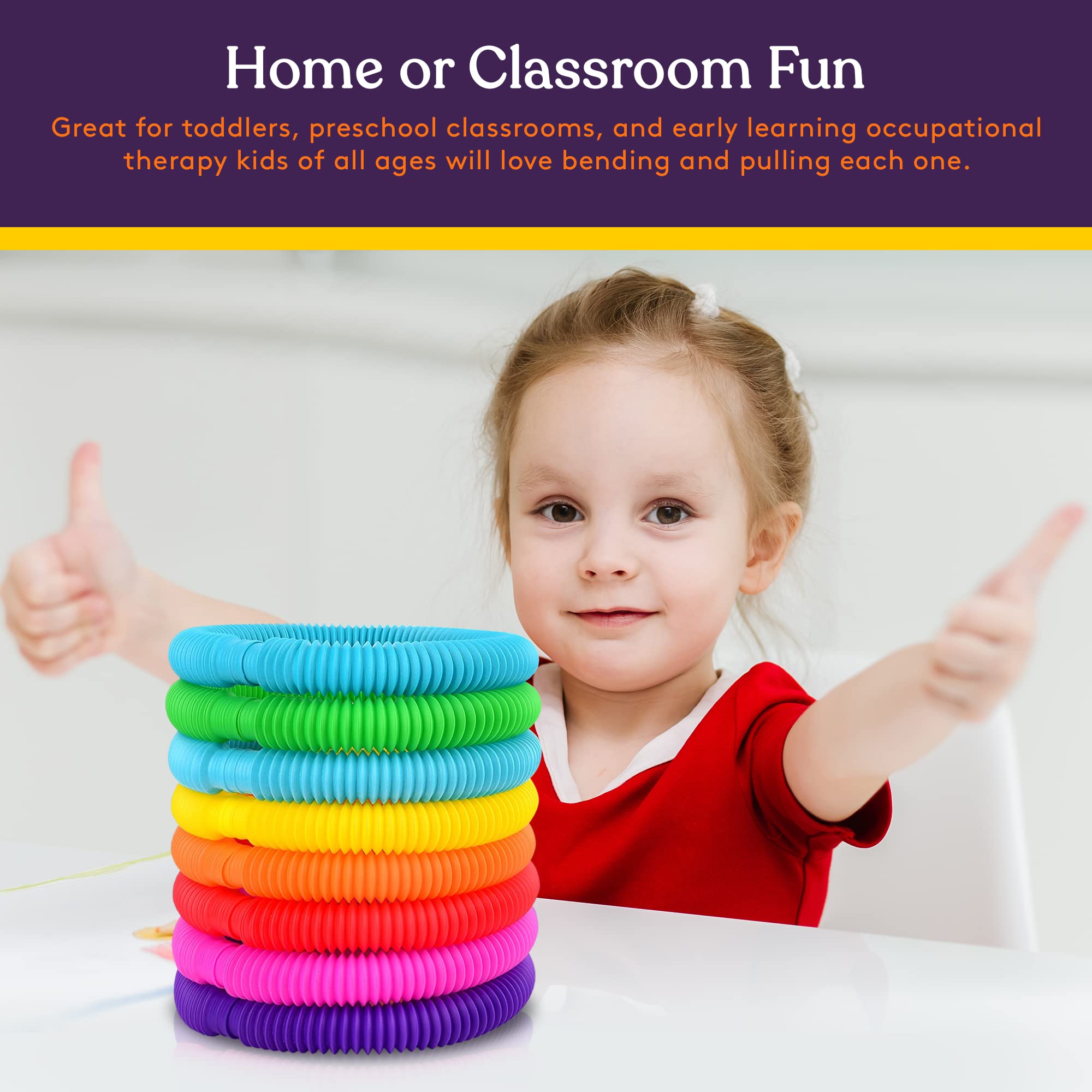 Special Supplies colorful stretch tubes invite bending, twisting, and exploration of cause-and-effect.