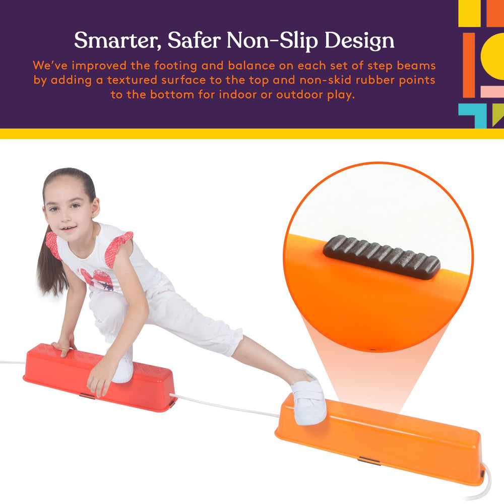 Special Supplies balance beams arranged in a line, demonstrating non-slip footprint for safe floor play.
