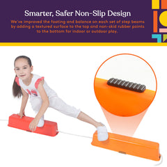 Special Supplies balance beams arranged in a line, demonstrating non-slip footprint for safe floor play.