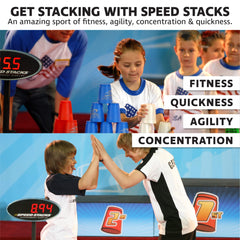 Speed Stacks Black Flame complete kit arranges cups, timer, and mat for all-in-one setup.