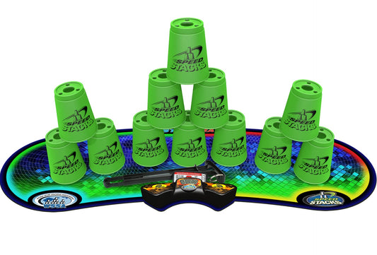 Speed Stacks neon green 12-cup set for fast, precise stacking practice.