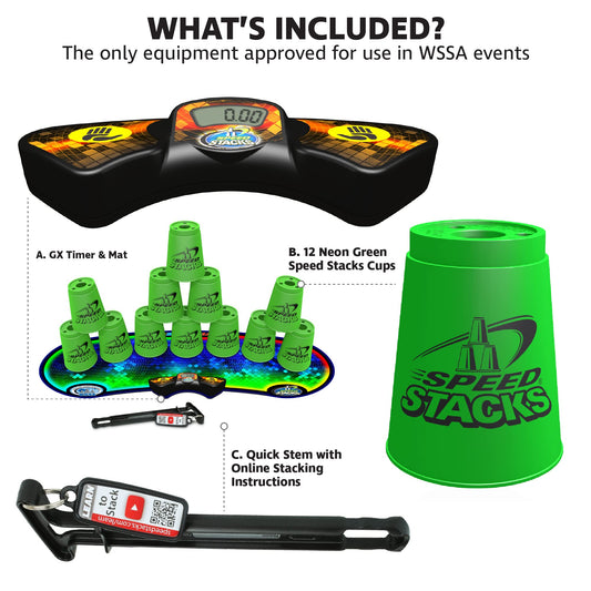 Speed Stacks neon green holding stem demonstrates secure cup alignment for smooth builds.