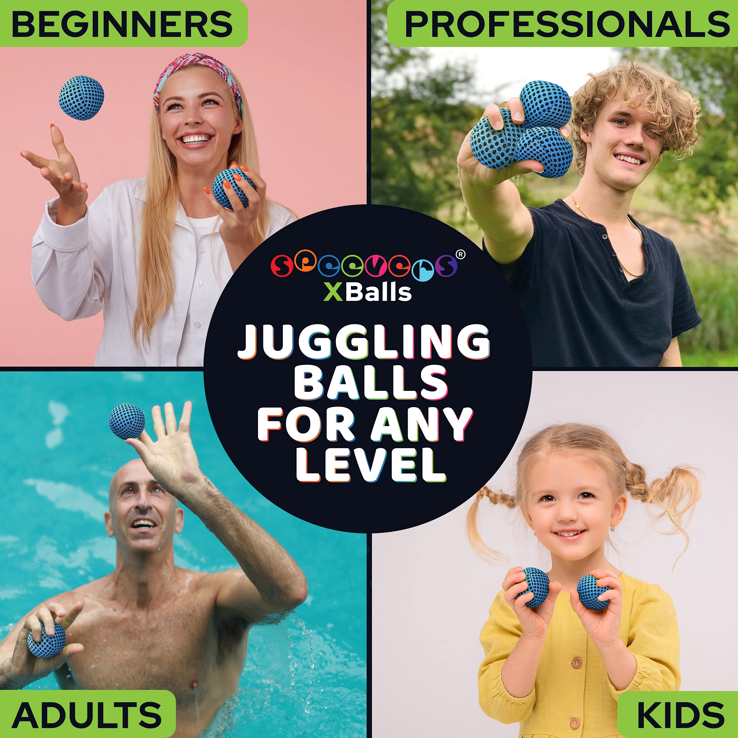 Speevers closeup grip blue juggling balls enhances control during routines.