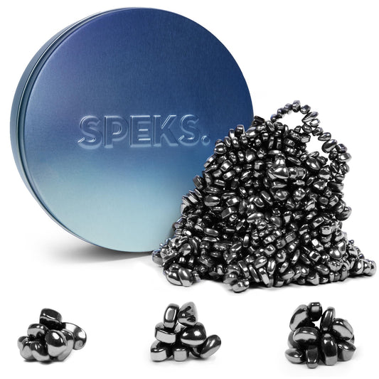 Speks Crags ferrite putty in a blue gradient tin for desk relaxation and focus.