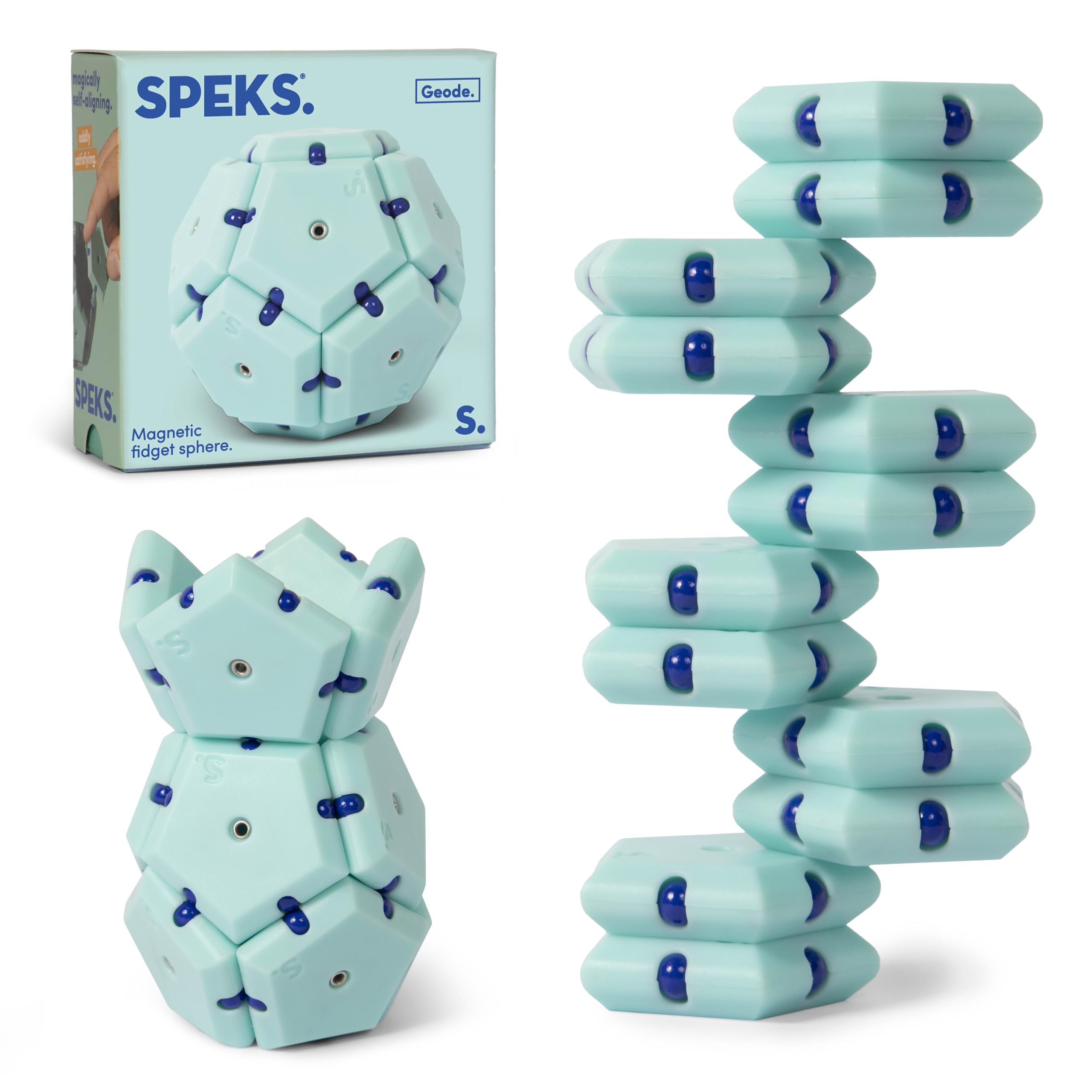 Speks Geode sphere pieces for focused desk play and tactile satisfaction.