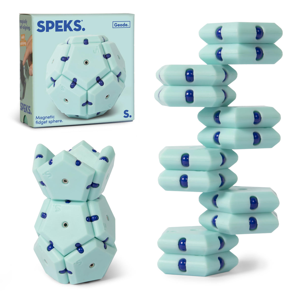 Speks Geode sphere pieces for focused desk play and tactile satisfaction.