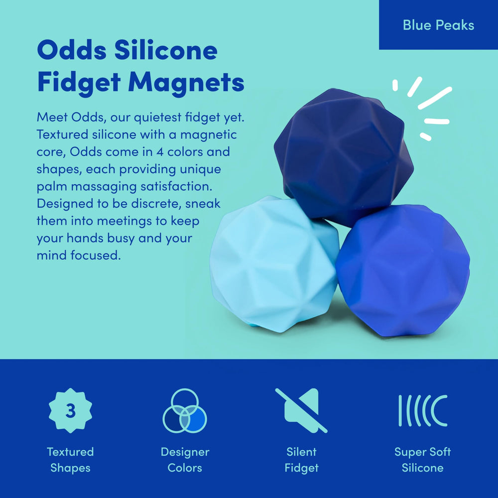 Speks Odds blue textured silicone spheres provide tactile focus.