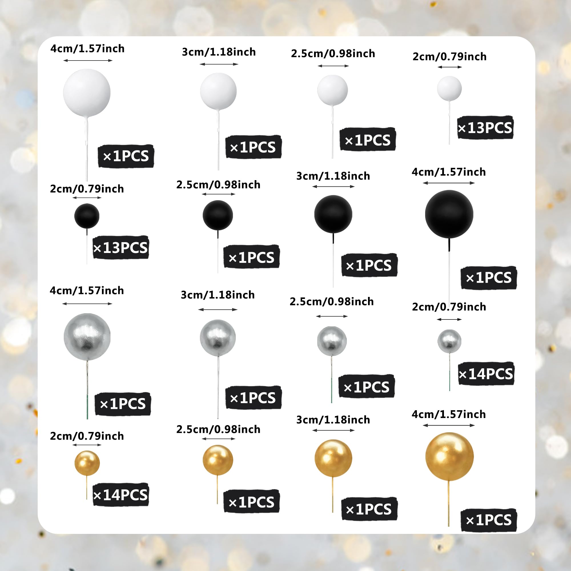 SPFYunion ball cake picks in four sizes to layer decorations on desserts