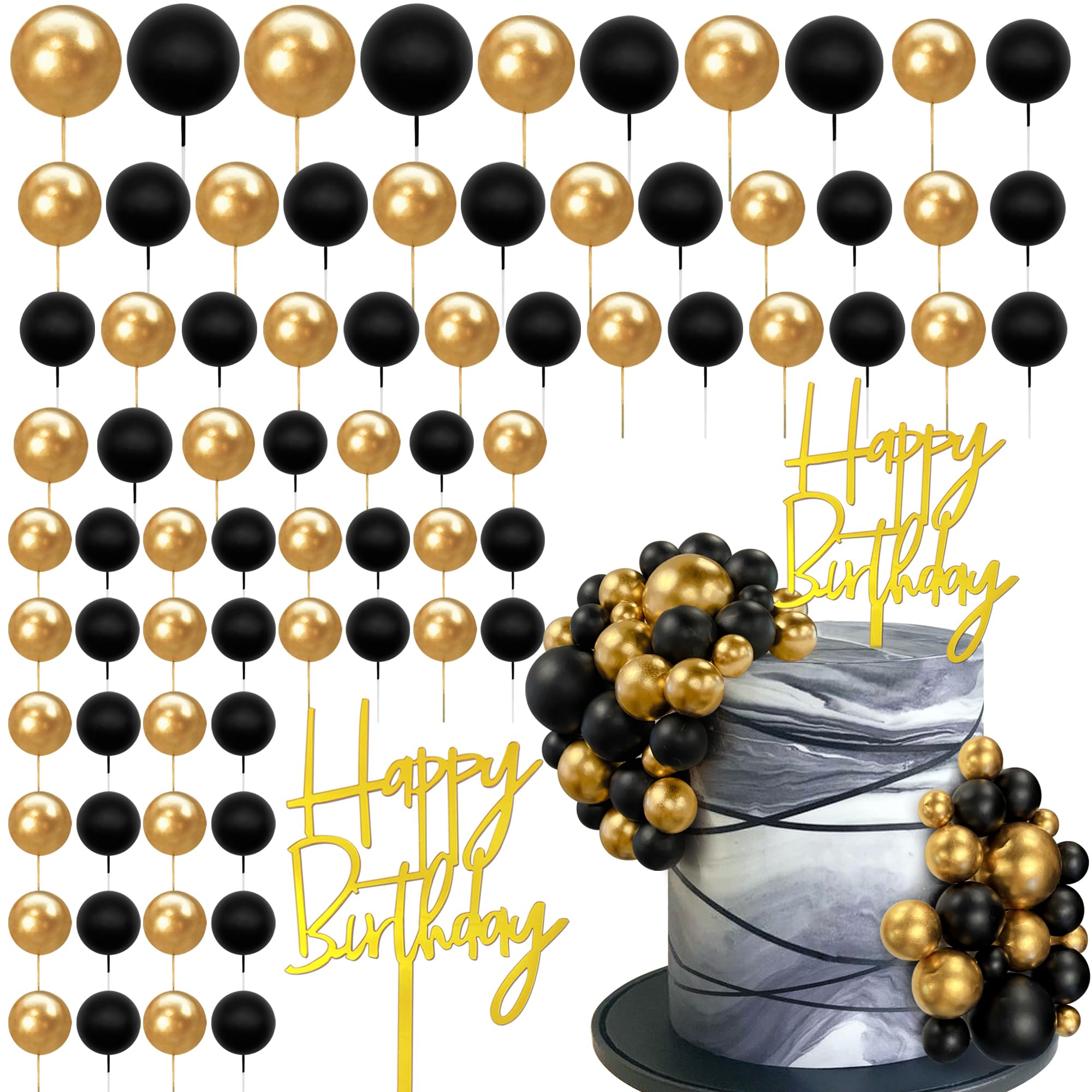 SPFYunion 75pcs black and gold balls cake topper for stylish celebrations.