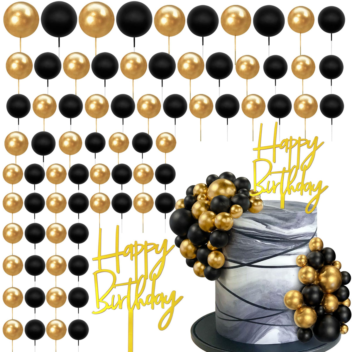 SPFYunion 75pcs black and gold balls cake topper for stylish celebrations.