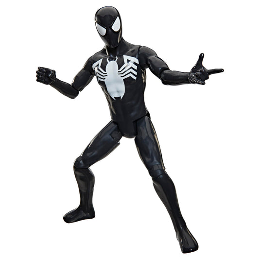 Spider-Man Titan Series Black Suit figure with 11-point articulation enables dynamic poses.