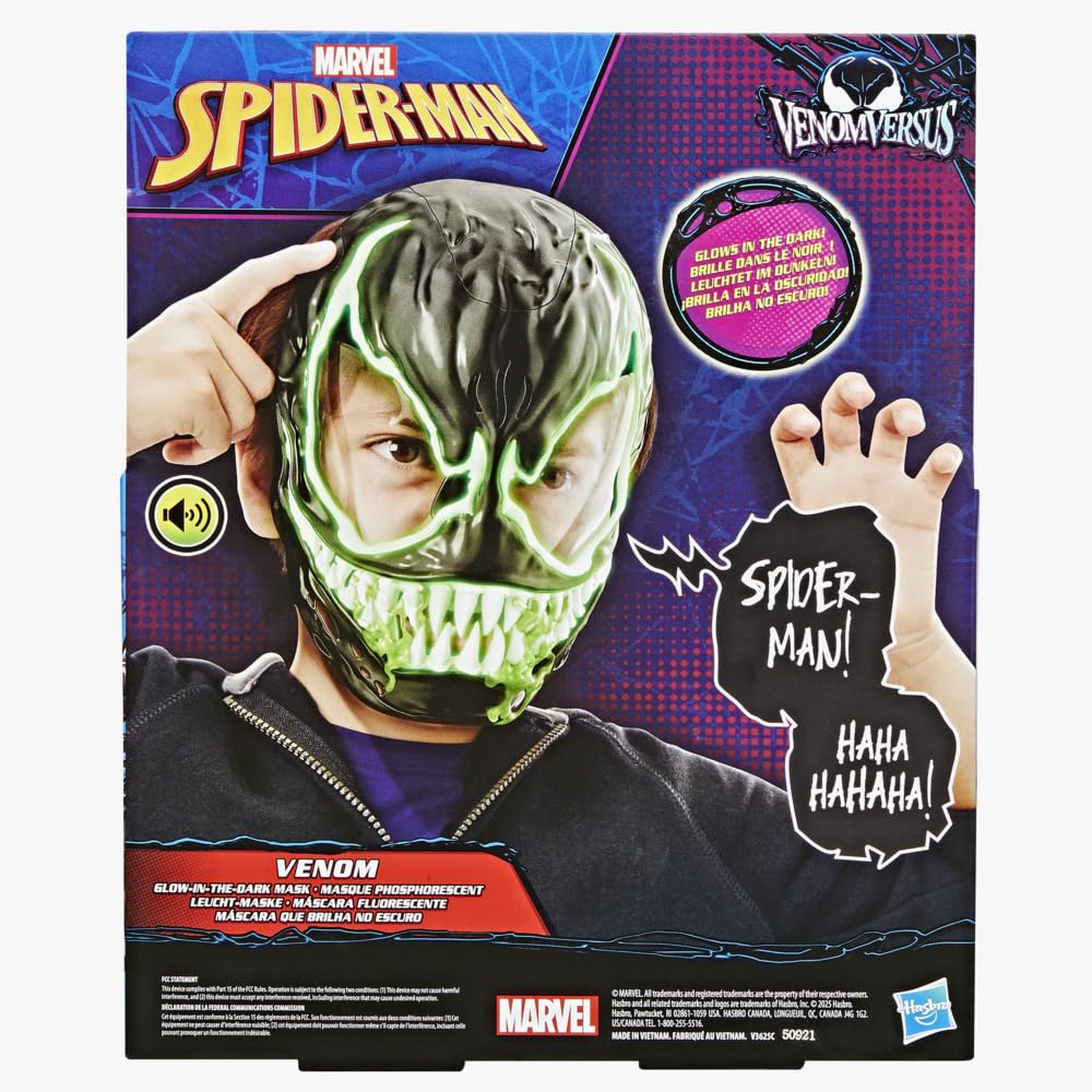 Marvel deco on VenomVersus mask mirrors classic Venom look.