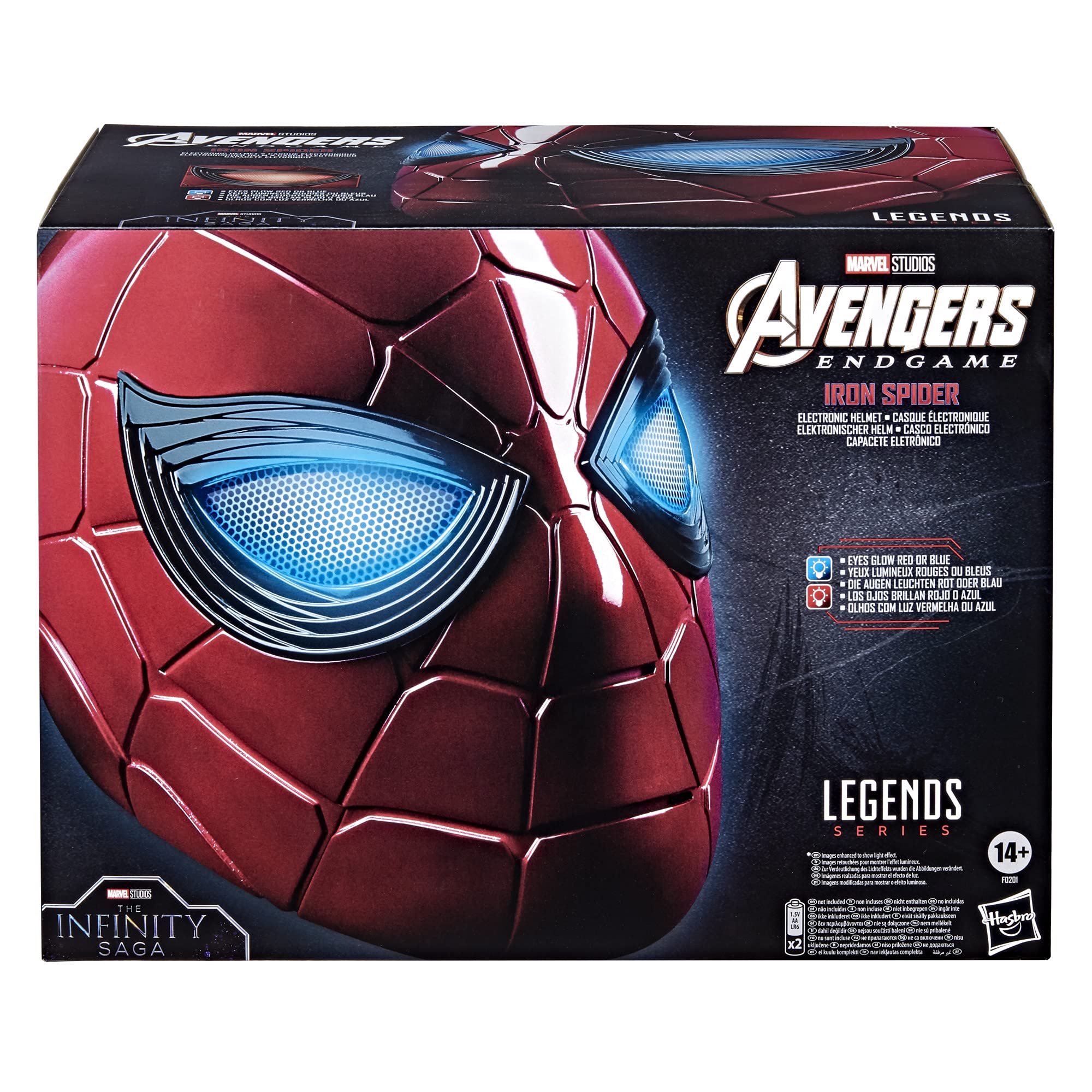 Spider-Man Iron Spider helmet with red and blue eye glow for immersive cosplay