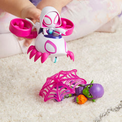 Poseable 4-inch Ghost Spider figure supports versatile action scenes.