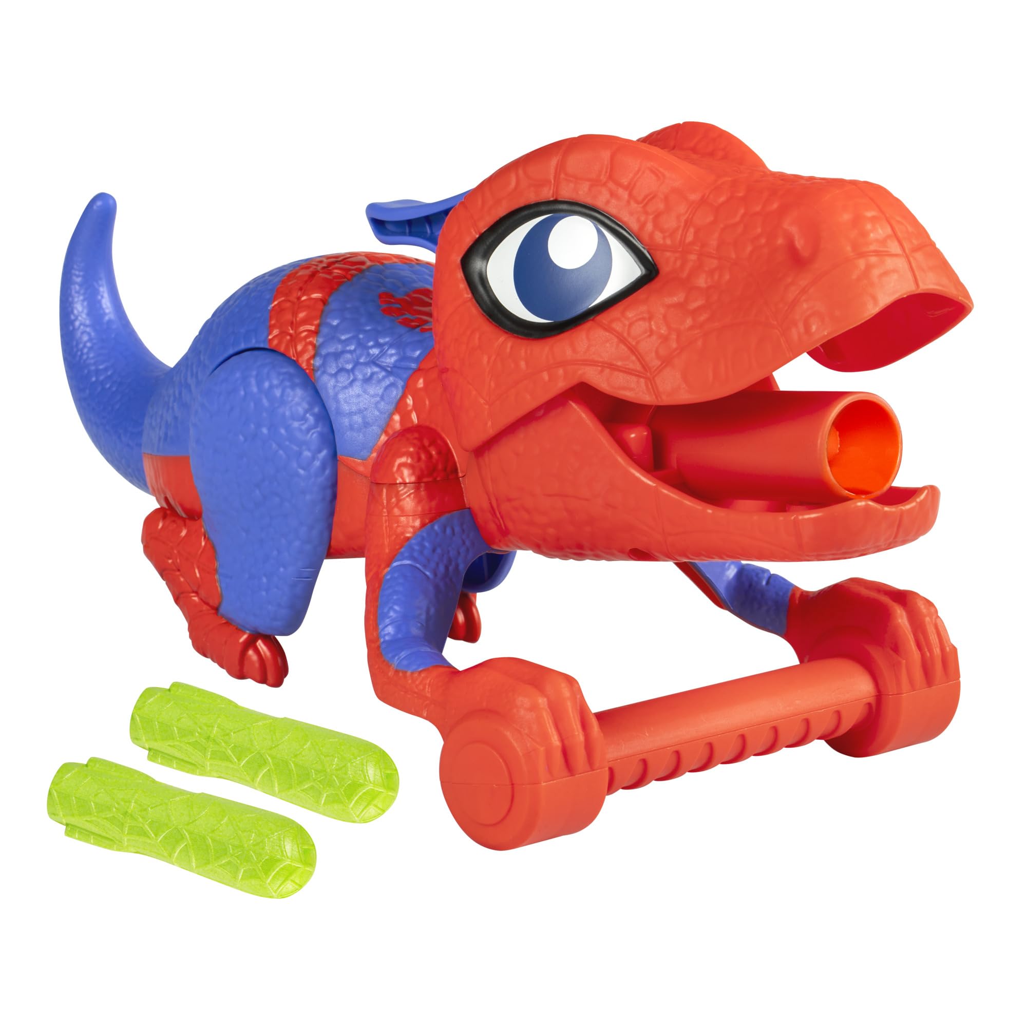 Spidey and His Amazing Friends Spidey-Rex launcher with Nerf darts ready for pretend play.