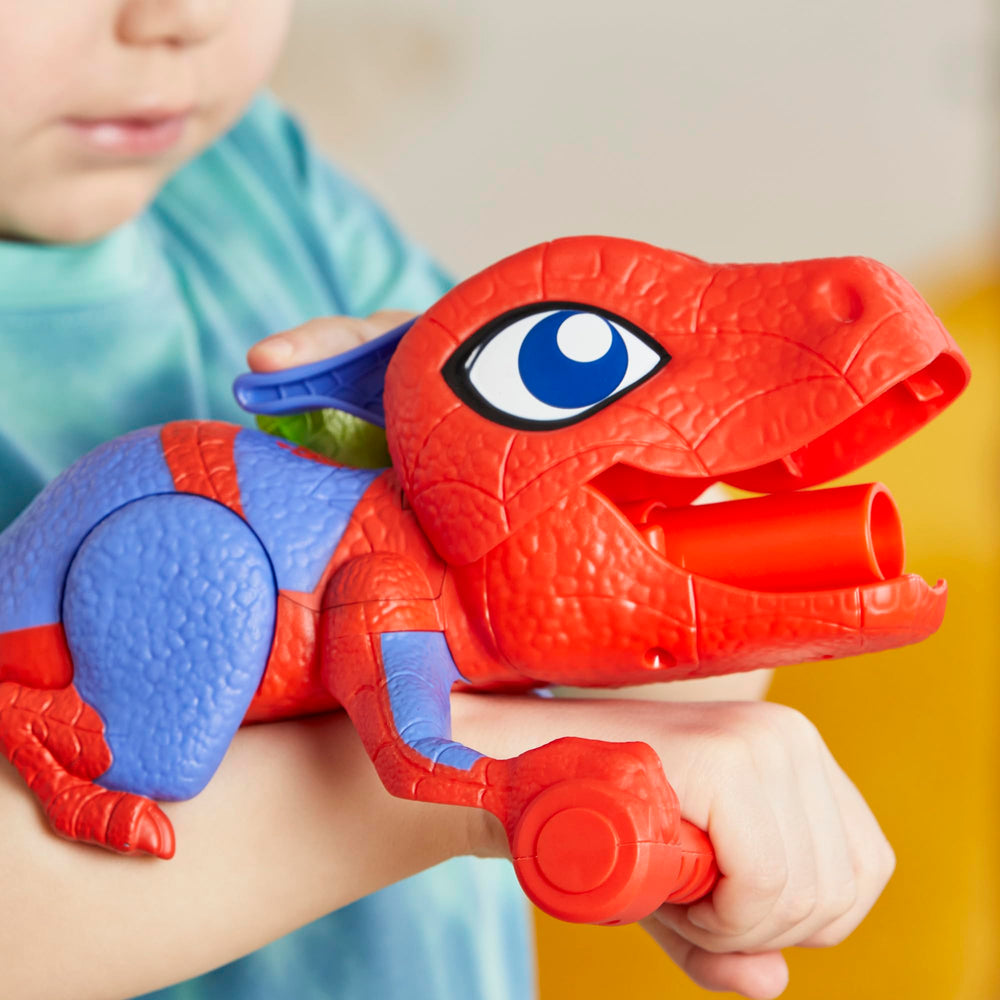 Spidey and His Amazing Friends Spidey-Rex tail pull ready for quick pretend launches.