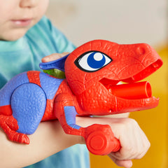 Spidey and His Amazing Friends Spidey-Rex tail pull ready for quick pretend launches.