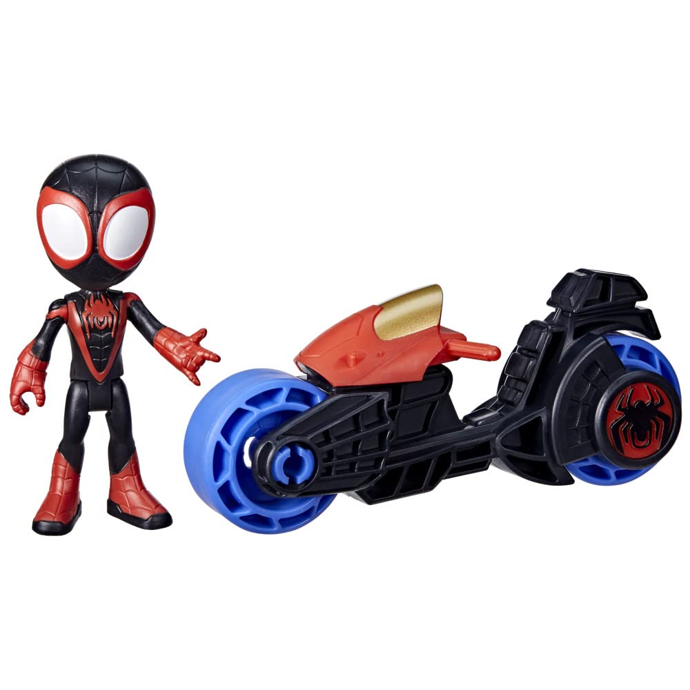 Spidey and His Amazing Friends Miles Morales action figure mounted on a toy motorcycle for imaginative play