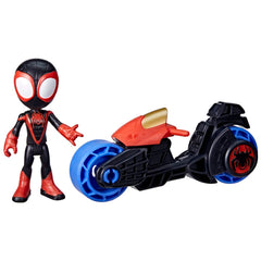 Spidey and His Amazing Friends Miles Morales action figure mounted on a toy motorcycle for imaginative play