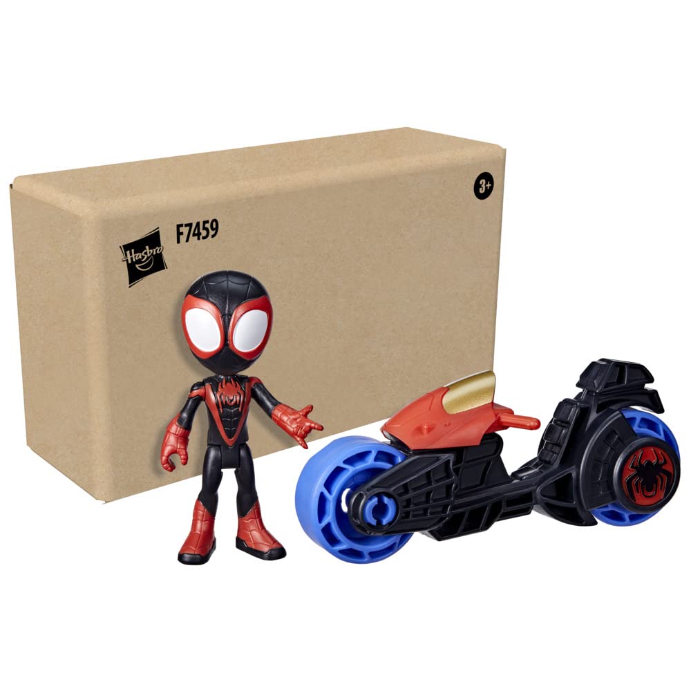 Miles Morales figure rides the Spidey and His Amazing Friends toy motorcycle for action-packed pretend play